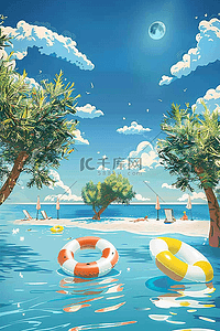 夏季海边游泳手绘插画海报