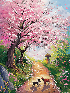 粉色的鲜艳花朵插画图片_夏天唯美樱花树手绘插画风景海报