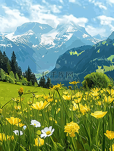 手绘盛开花朵插画图片_风景山坡盛开花朵夏季油画海报插画设计