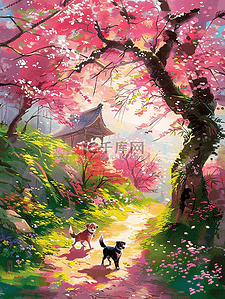 粉色的鲜艳花朵插画图片_手绘夏天唯美风景樱花树插画海报