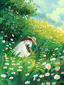 女孩采花绿色草地夏天手绘插画海报