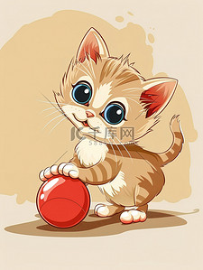 一个玩球的可爱的小猫插画海报