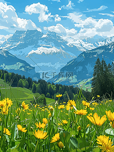 夏季油画风景山坡盛开花朵海报插画素材