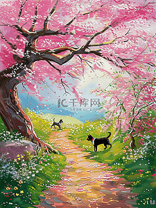 粉色的鲜艳花朵插画图片_夏天唯美樱花树手绘插画海报风景