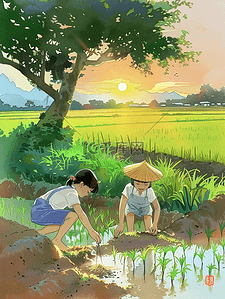 夏季农忙手绘插画海报卡通
