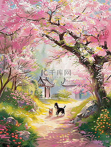 樱花树手绘插画图片_唯美风景樱花树手绘夏天插画海报