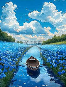 夏天风景唯美蓝色花海手绘海报插画素材