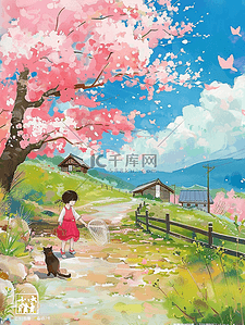 唯美樱花树孩子夏季玩耍手绘插画海报