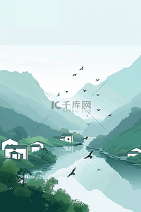 清新黑色海报插画图片_海报水墨风插画山水手绘