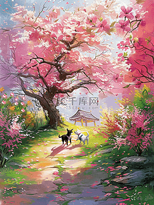 粉色的鲜艳花朵插画图片_夏天唯美樱花树手绘风景插画海报