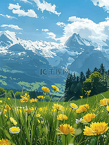 手绘盛开花朵插画图片_夏季风景山坡盛开花朵油画海报图片