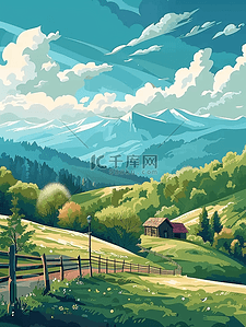 海报夏季山峰梯田栅栏手绘插画