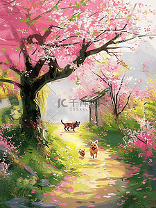 夏天唯美风景樱花树手绘插画海报