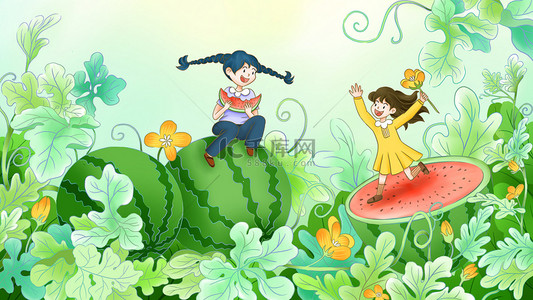 小孩种田插画图片_夏天的西瓜快乐的小孩插画海报