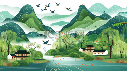 春季燕子插画图片_春季青山绿水旁的村庄插画