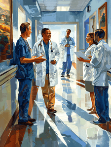陪护病人插画图片_医生护士与病人走廊交谈