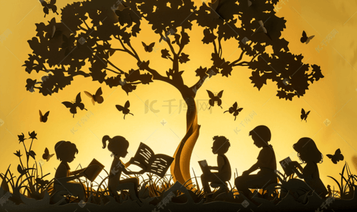 阴影效果插画图片_剪纸的孩子读一本书下树上老书