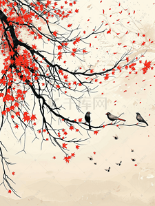 唯美纯色插画图片_意境中的树与飞鸟