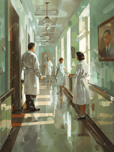 月度报告插画图片_医生护士在走廊上交流