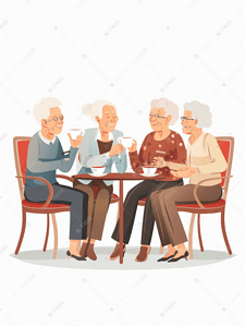 聊天社交插画图片_快乐的老年人喝茶聊天