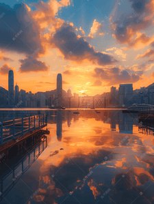 傍晚的天空云插画图片_香港维多利亚港日落全景