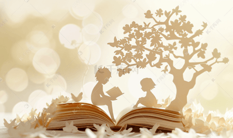 剪纸的孩子读一本书下树上老书