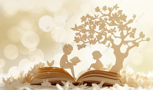 阴影效果插画图片_剪纸的孩子读一本书下树上老书