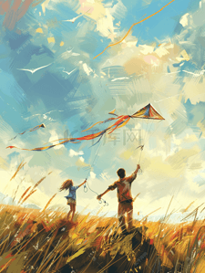 二胎插画图片_年轻夫妻看着孩子追逐玩风筝