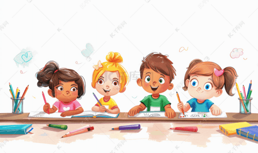学校教室学生插画图片_孩子画画写作业