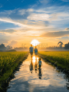 父母感恩父母插画图片_夕阳下走在稻田里的一家人背影