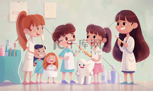 健康中国人插画图片_女医生指导儿童正确刷牙方式