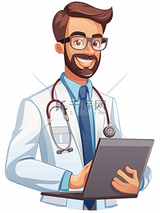 专家医生插画图片_医疗保健 医疗技术微笑的医生与笔记本电脑医院