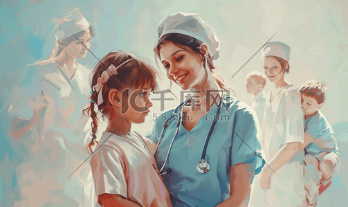 护士儿科插画图片_女护士亲密陪护可爱儿童