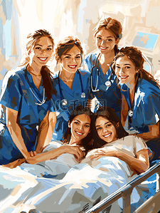 舒服的床插画图片_护士和女孩在医院的床上笑着
