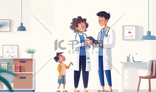 儿科体检插画图片_妈妈带着孩子看医生就诊