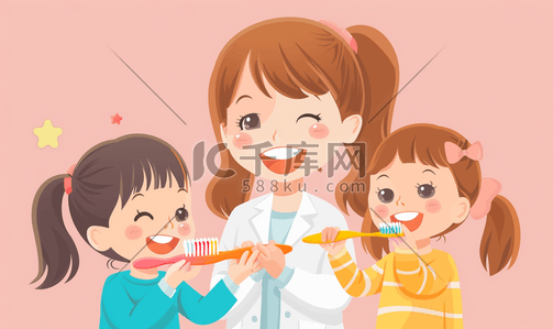 刷牙训练营插画图片_女医生指导儿童正确刷牙方式