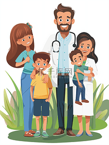 说话病人插画图片_快乐健康的家庭和医生在公园合影