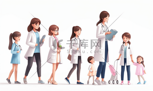 健康中国人插画图片_女医生和患者家庭
