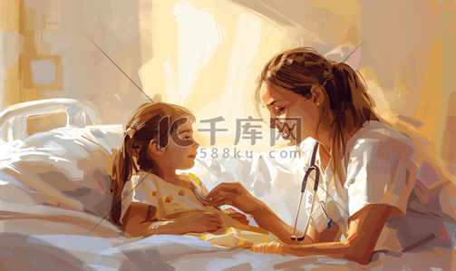 护士儿科插画图片_护士查房生病的小女孩