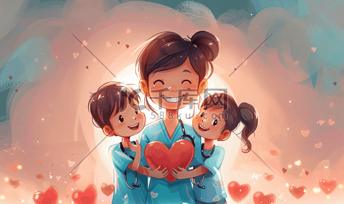 健康中国人插画图片_女护士和小朋友一起拿爱心