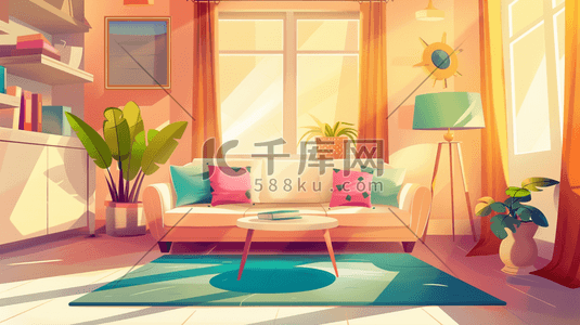温馨地毯插画图片_温馨阳光室内装饰沙发家具绿植的插画