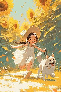 奔跑的卡通小狗插画图片_女孩夏季小狗向日葵手绘插画海报