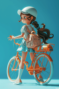 女孩自行车3d插画海报