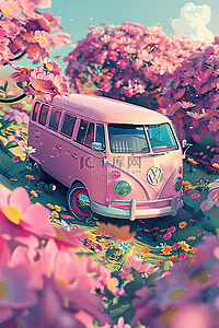 手绘透视插画图片_手绘夏天粉色樱花中巴士车插画海报