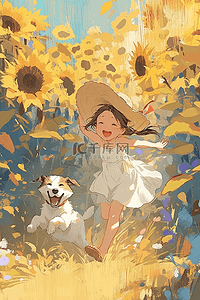 奔跑的卡通小狗插画图片_女孩小狗向日葵手绘插画海报夏季