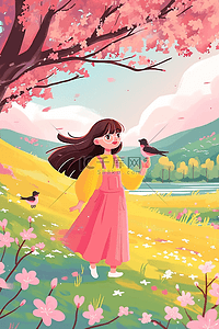 夏季女孩樱花树插画海报手绘
