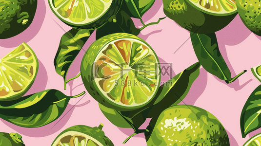 柠檬绿茶插画图片_粉色场景绿色水果柠檬的插画