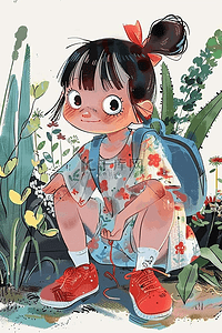 手绘夏季植物可爱女孩海报矢量插画