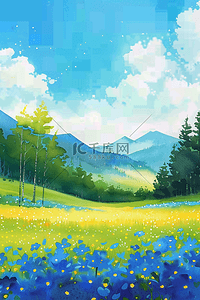 唯美夏季风景花朵山峰插画海报