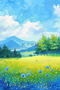 唯美风景夏季花朵山峰插画海报